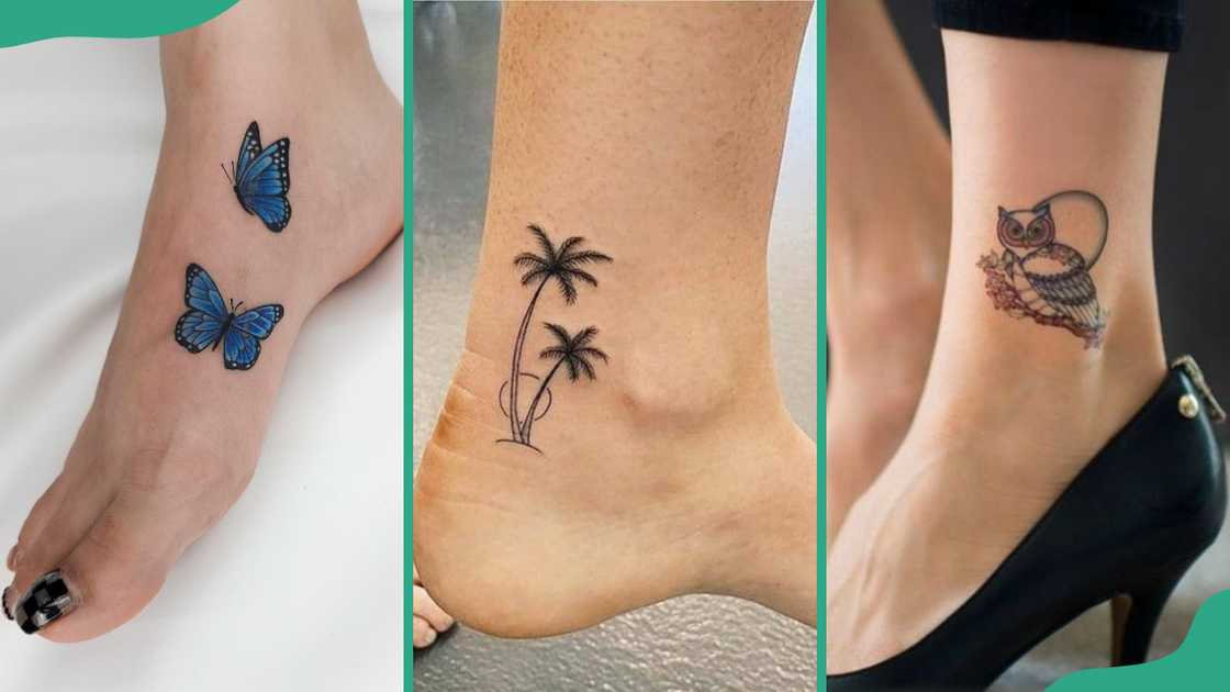 Butterfly (L), palm tree (C) and owl (R) tattoos