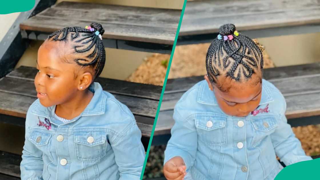 A girl wearing Updo cornrows with colored beads A girl wearing Updo cornrows with colored beads
