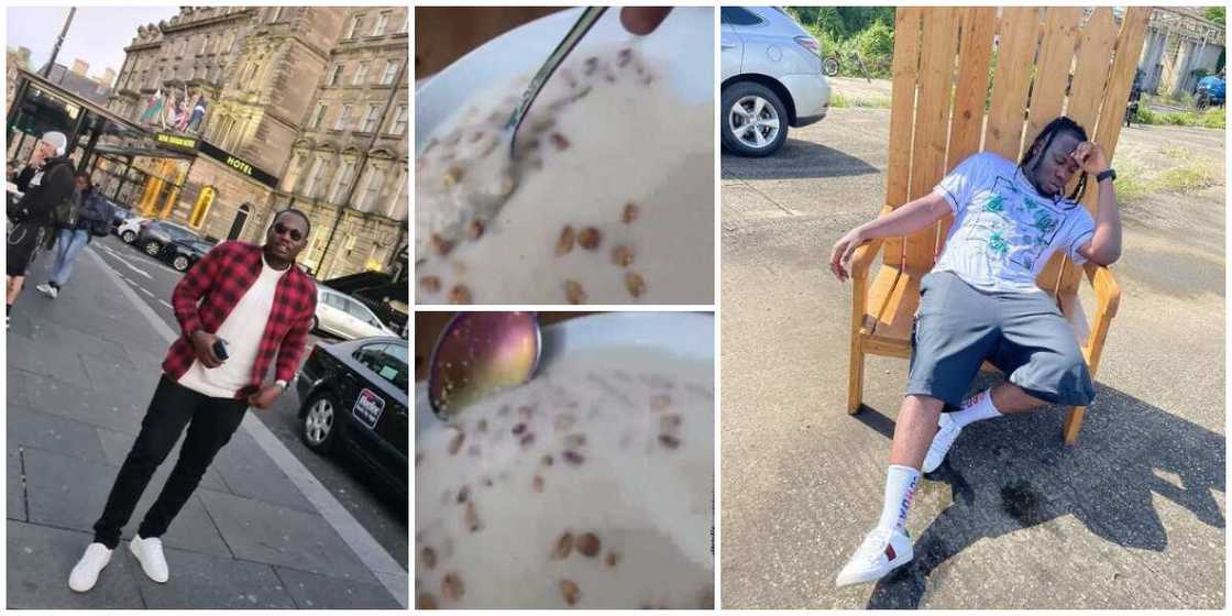 Mixed reactions trail video of Nigerian man in UK drinking garri with groundnuts