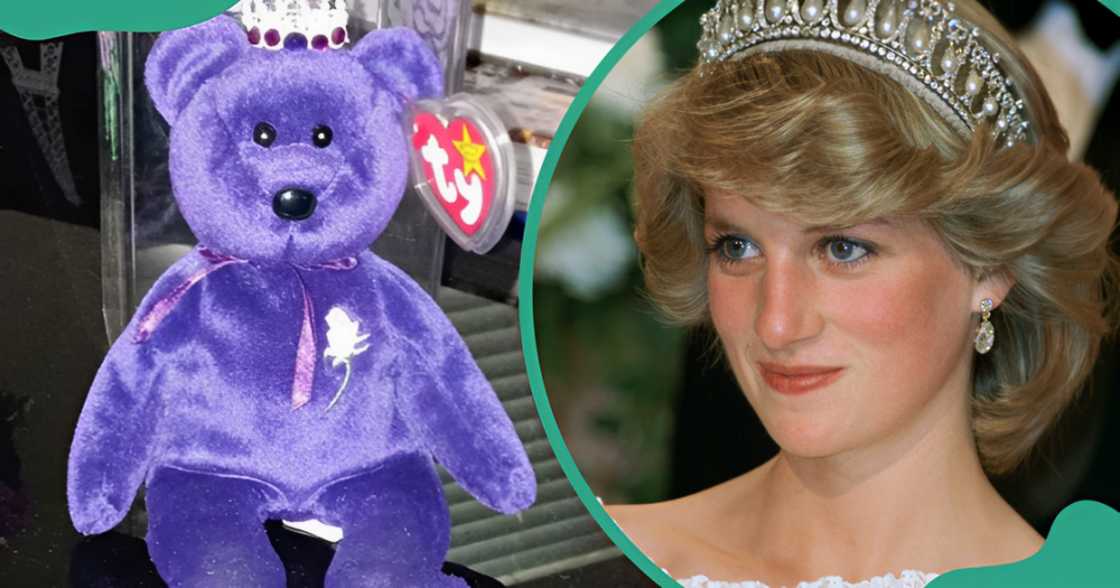 The Princess Diana Beanie Baby (L) and Diana, Princess of Wales (R).