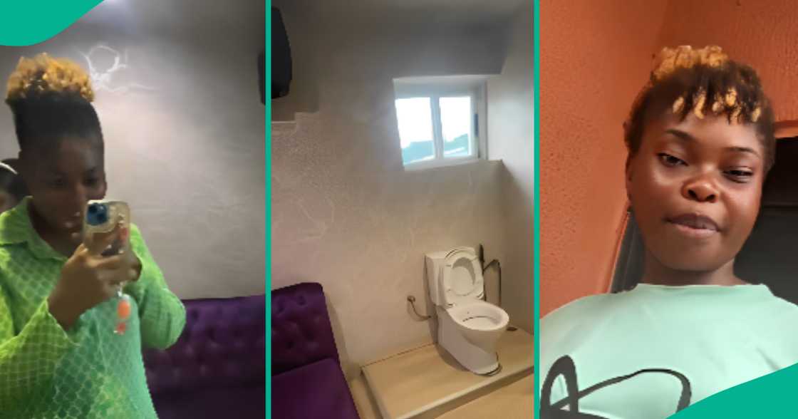 Lady in awe after finding long sofa in Abuja restaurant's toilet, displays what she saw Lady in awe after finding long sofa in Abuja restaurant's toilet, displays what she saw