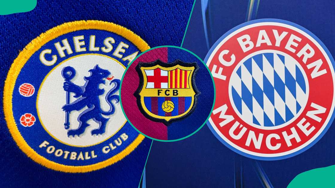 Chelsea F.C. logo (L), FC Barcelona logo (C), FC Bayern logo (R). Chelsea F.C. logo (L), FC Barcelona logo (C), FC Bayern logo (R).