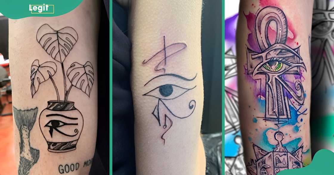 Plant-inspired, minimalist and watercolour Eye of Horus tattoos on the arms.