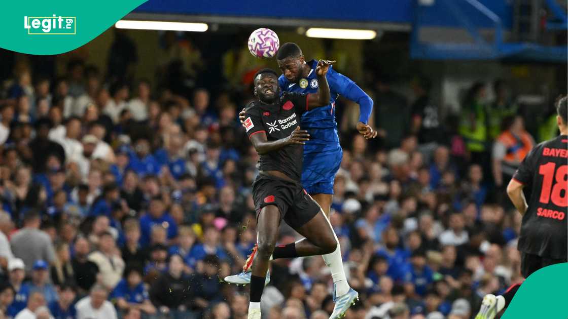 Victor Boniface, Tosin Adarabioyo, Chelsea, Bayer Leverkusen, Stamford Bridge, England. Victor Boniface, Tosin Adarabioyo, Chelsea, Bayer Leverkusen, Stamford Bridge, England.