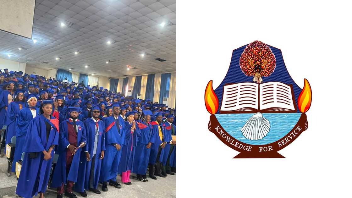 University of Calabar graduates on their convocation day and the institution's logo University of Calabar graduates on their convocation day and the institution's logo
