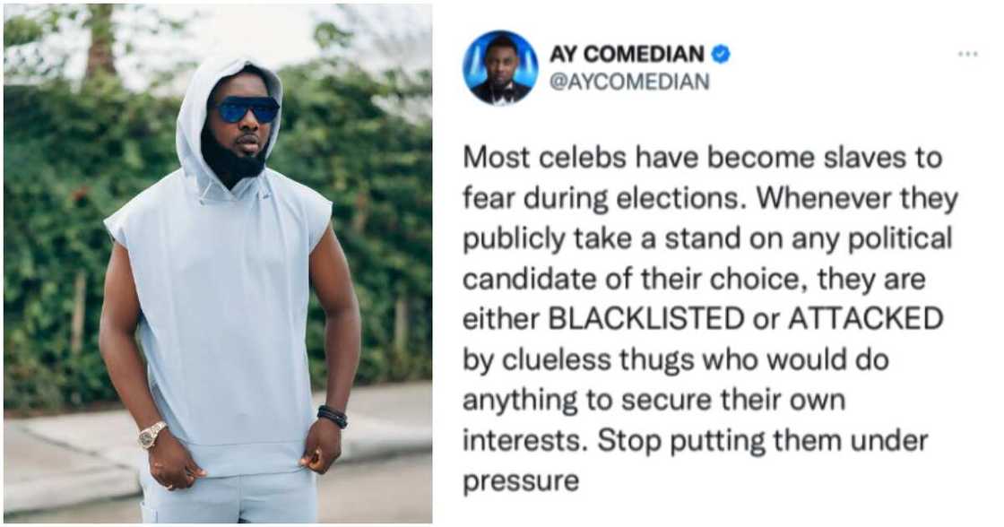 Comedian AY Makun says celebs are afraid during elections. Comedian AY Makun says celebs are afraid during elections.