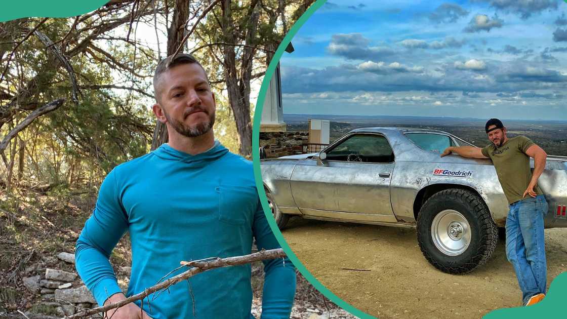 Matt Carriker is seen in the woods and he leans on an old car