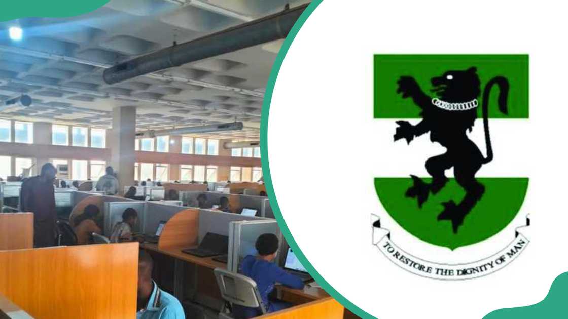 University of Nigeria students working in the computer lab and logo University of Nigeria students working in the computer lab and logo