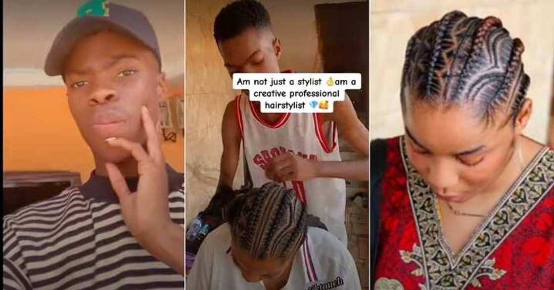 Nigerian man braids lady's hair