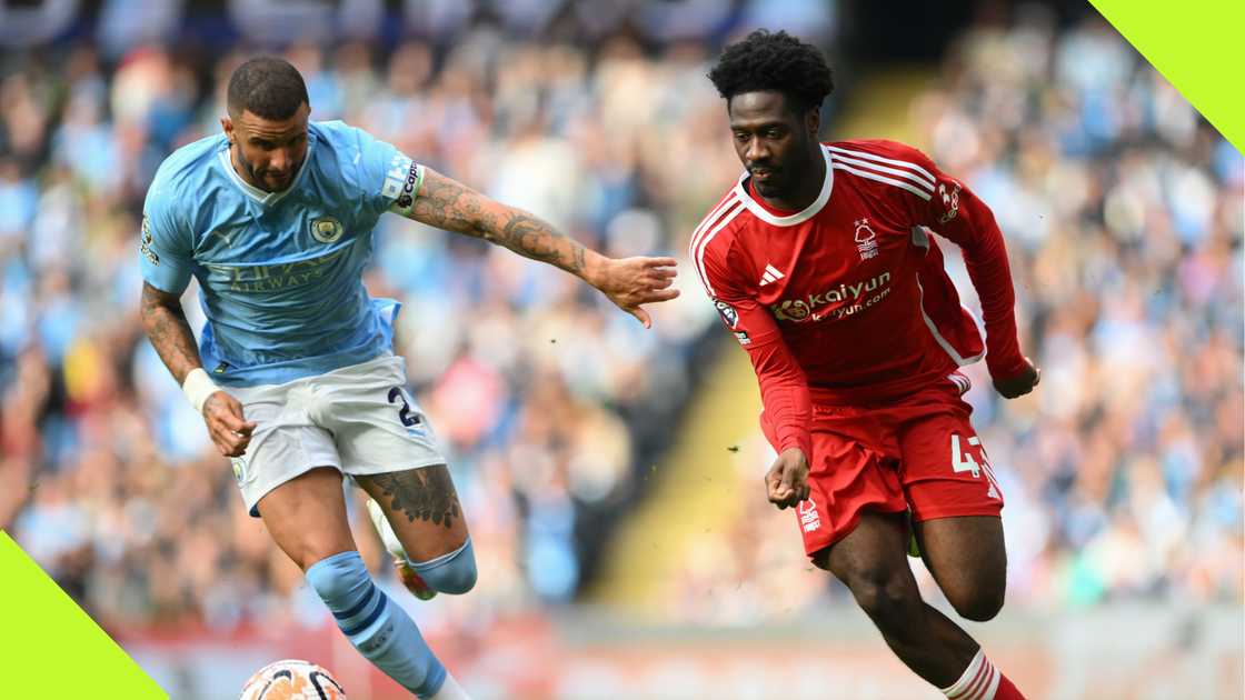 Kyle Walker, Ola Aina, Nottingham Forest, Manchester City, Etihad Stadium, Manchester, England, Premier League, September 23, 2023. Kyle Walker, Ola Aina, Nottingham Forest, Manchester City, Etihad Stadium, Manchester, England, Premier League, September 23, 2023.