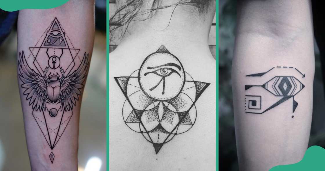 Geometric Eye of Horus tattoos on the arms and the nape. Geometric Eye of Horus tattoos on the arms and the nape.