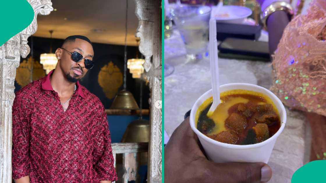 BBNaija's Saga shares photo of cup of amala he was served at a wedding.