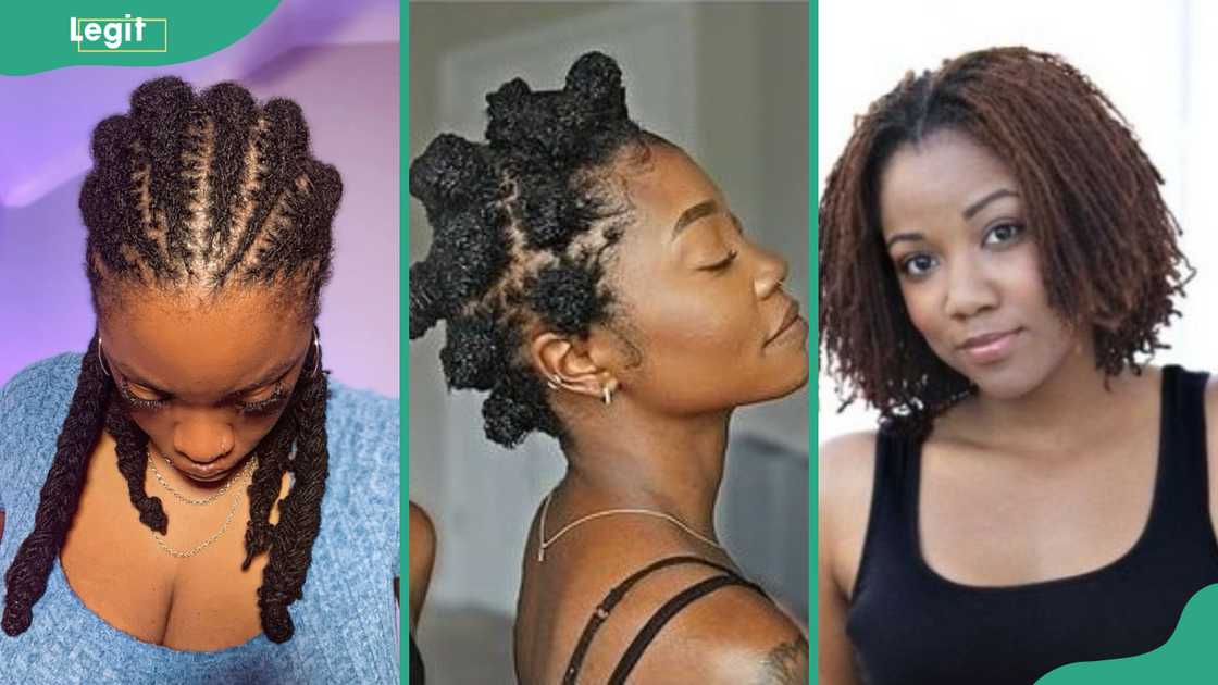Back cornrows (L), Bantu knots (C), bob style (R) Back cornrows (L), Bantu knots (C), bob style (R)