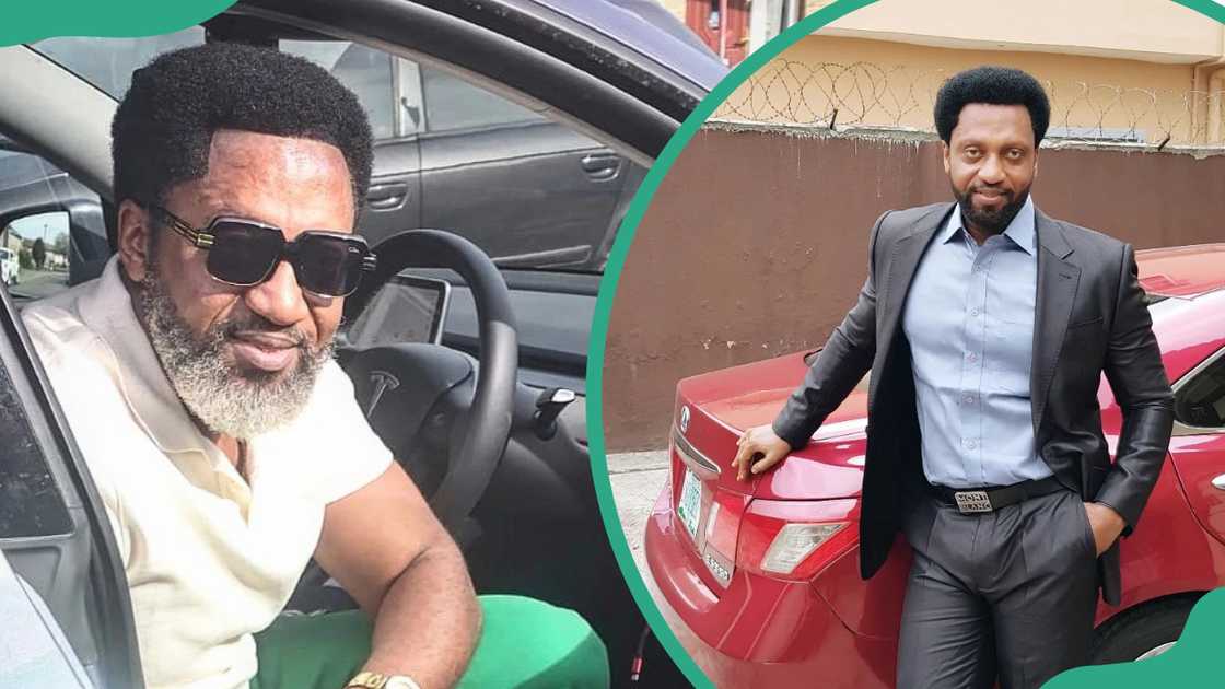 Rykardo Agbor sitting in the driver’s seat (L). The actor standing next to a red Toyota Corolla (R)