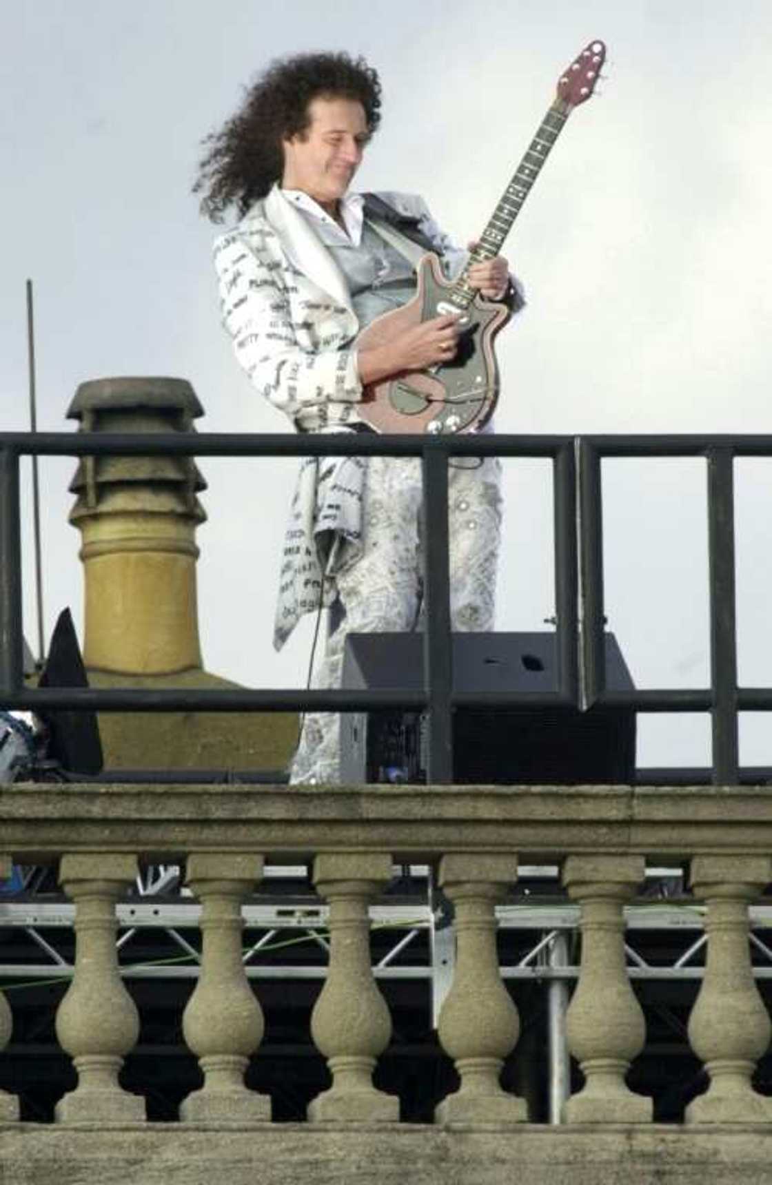 Queen guitarist Brian May played the national anthem on the Buckingham Palace roof at the Golden Jubilee Queen guitarist Brian May played the national anthem on the Buckingham Palace roof at the Golden Jubilee