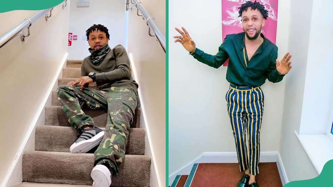 Sunkanmi Omobolanle sits on a staircase (L). The actor smiles as he poses for a photo in a striped pair of trousers and a dark green shirt (R)