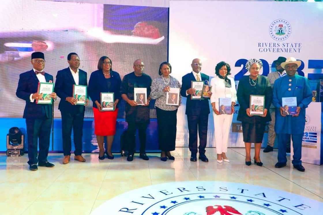 Gov Nyesom Ezenwo Wike - CON, Siminalaye Fubara and his deputy governor-elect, Prof. Ngozi Odu Gov Nyesom Ezenwo Wike - CON, Siminalaye Fubara and his deputy governor-elect, Prof. Ngozi Odu