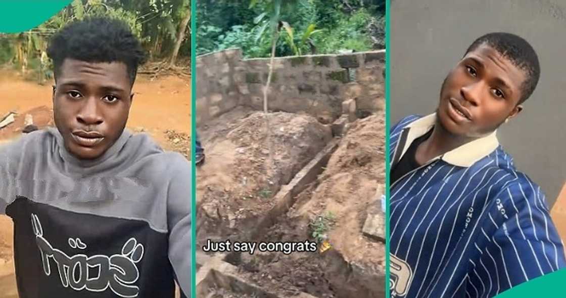 Man excited as he kick-starts foundation process on his empty land. Man excited as he kick-starts foundation process on his empty land.