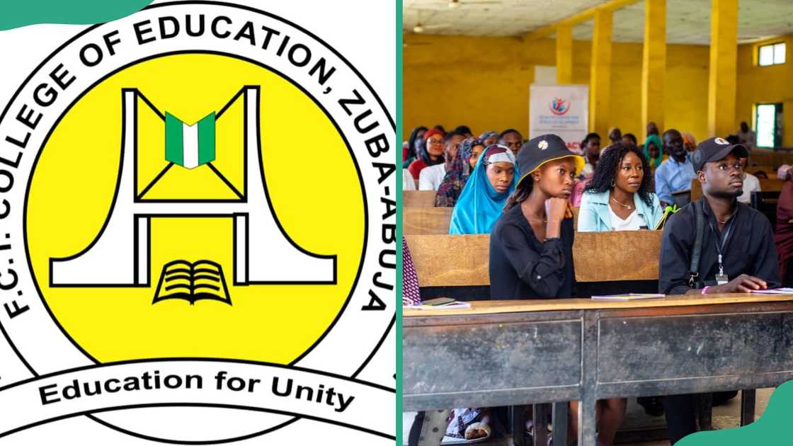 FCT College of Education, Zuba logo and students in the lecture room.