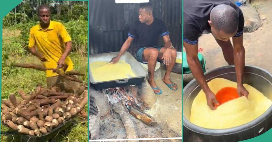 Man making garri in Delta state. Man making garri in Delta state.