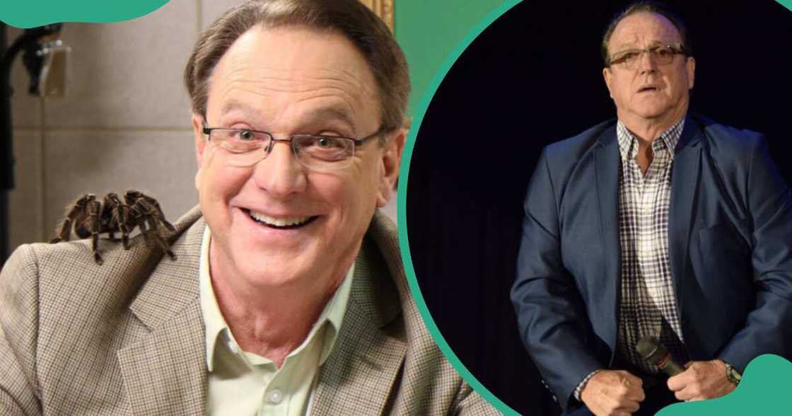 Ken Davis poses with a spider (L). The comedian poses with a mic (R). Ken Davis poses with a spider (L). The comedian poses with a mic (R).