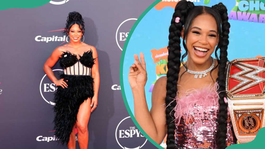 Bianca Belair in Hollywood, California (L). Bianca Belair in Los Angeles, California (R).