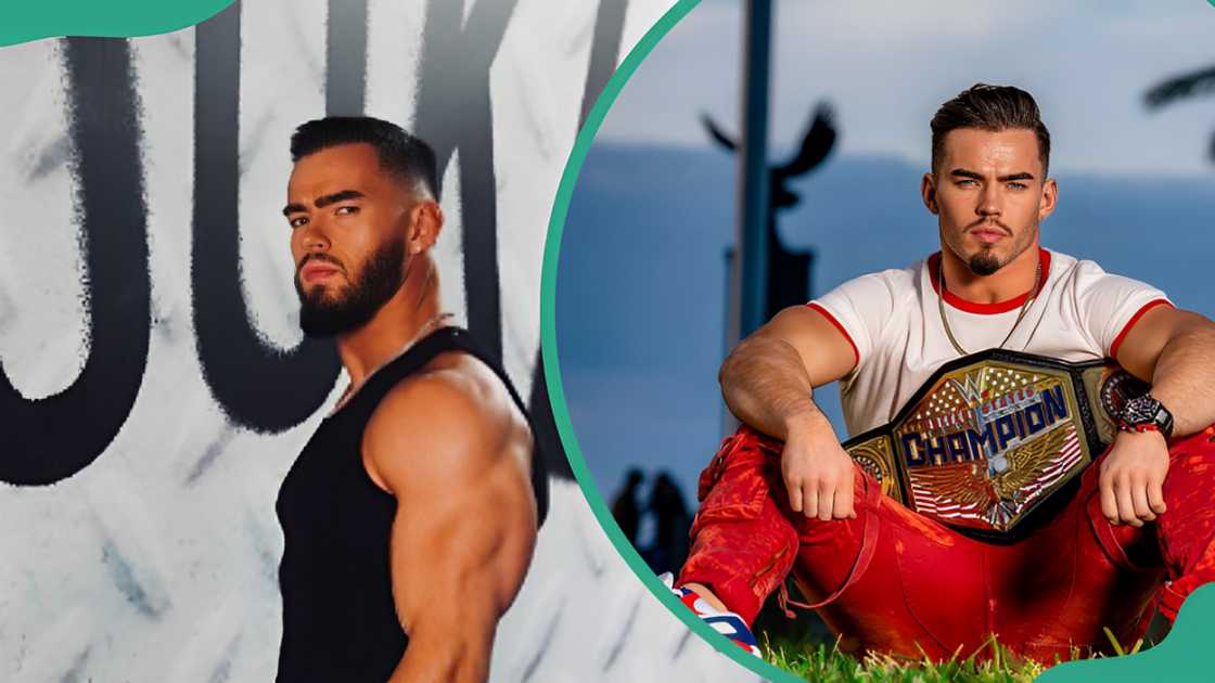 Austin Theory wearing a black sleeveless top (L). The wrestler posing while sitting and holding a WWE Champion belt (R)