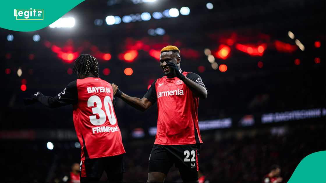 Jeremie Frimpong, Victor Boniface, Bayer Leverkusen, Hoffenheim, Bay Arena, Leverkusen, Germany, Bundesliga. Jeremie Frimpong, Victor Boniface, Bayer Leverkusen, Hoffenheim, Bay Arena, Leverkusen, Germany, Bundesliga.