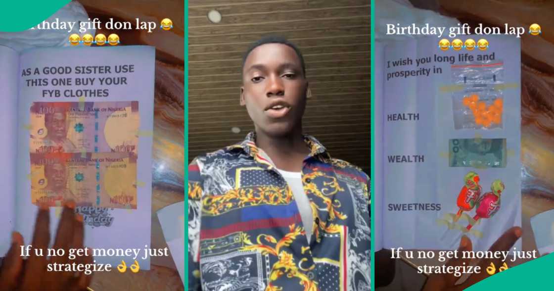 Man shows off book containing N500, stick sweets and vitamin C his sister gave him for his birthday Man shows off book containing N500, stick sweets and vitamin C his sister gave him for his birthday