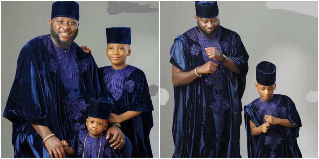 Photos of a father and two sons in blue velvet agbada outfits. Photos of a father and two sons in blue velvet agbada outfits.