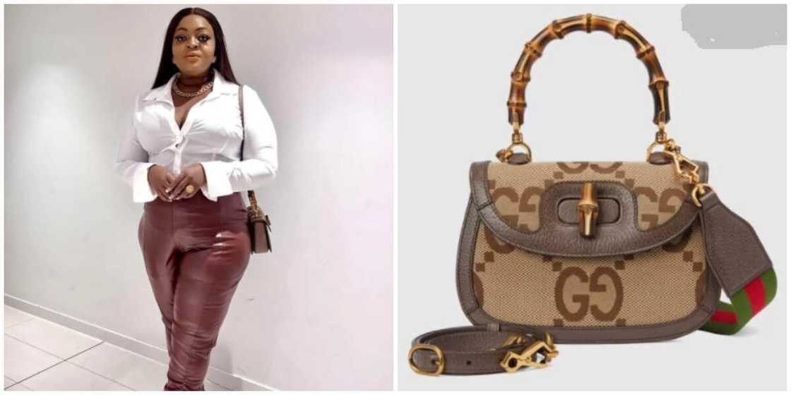 Photos of Eniola Badmus and N1.2m designer bag. Photos of Eniola Badmus and N1.2m designer bag.