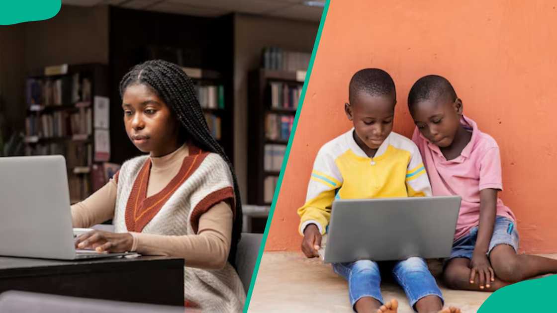 A student working on an assignment using a laptop and kids sharing a laptop