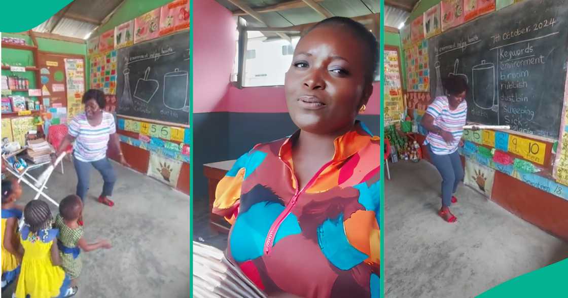 Woman dances and jumps as she teaches nursery pupils.