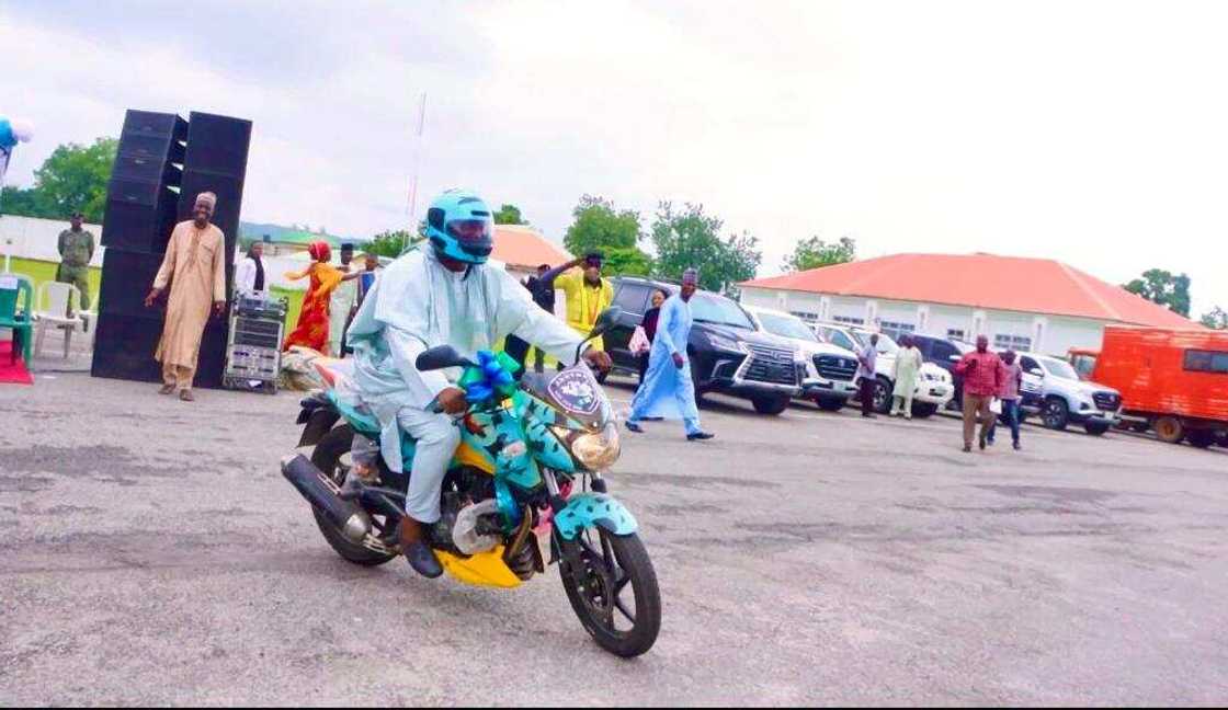 Governor Abubakar Sani Bello on motorcycle/Niger State/Traffic management agency/NISTMA Governor Abubakar Sani Bello on motorcycle/Niger State/Traffic management agency/NISTMA