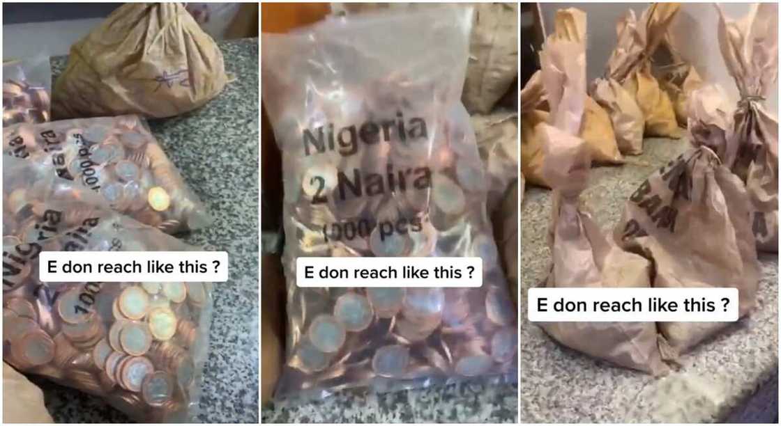 Photos of bags of Naira coins inside a bank.