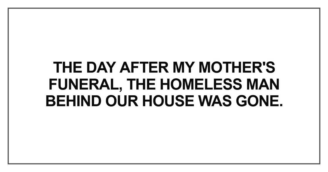 The day after my mother's funeral, the homeless man behind our house was gone. The day after my mother's funeral, the homeless man behind our house was gone.