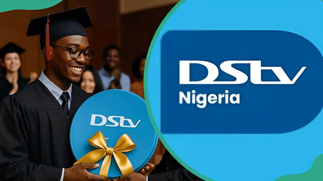 A graduate holding a DStv package gift (L). DStv Nigeria logo (R). A graduate holding a DStv package gift (L). DStv Nigeria logo (R).