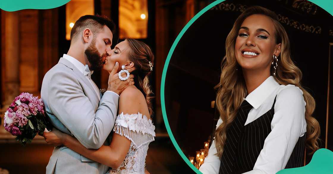 Victor Rájek holds his wife, Veronika Rájek during their wedding. The model poses in a black and white outfit. Victor Rájek holds his wife, Veronika Rájek during their wedding. The model poses in a black and white outfit.