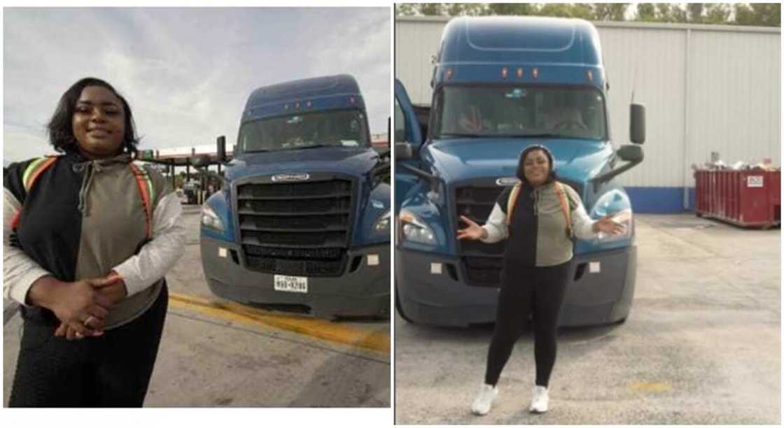 Photos of a lady standing in front of a truck. Photos of a lady standing in front of a truck.