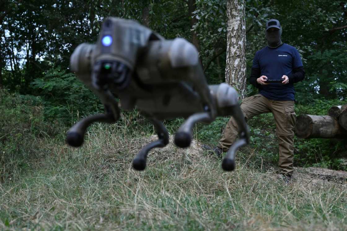A robot dog leaps into the air, controlled by its operator in Ukraine A robot dog leaps into the air, controlled by its operator in Ukraine