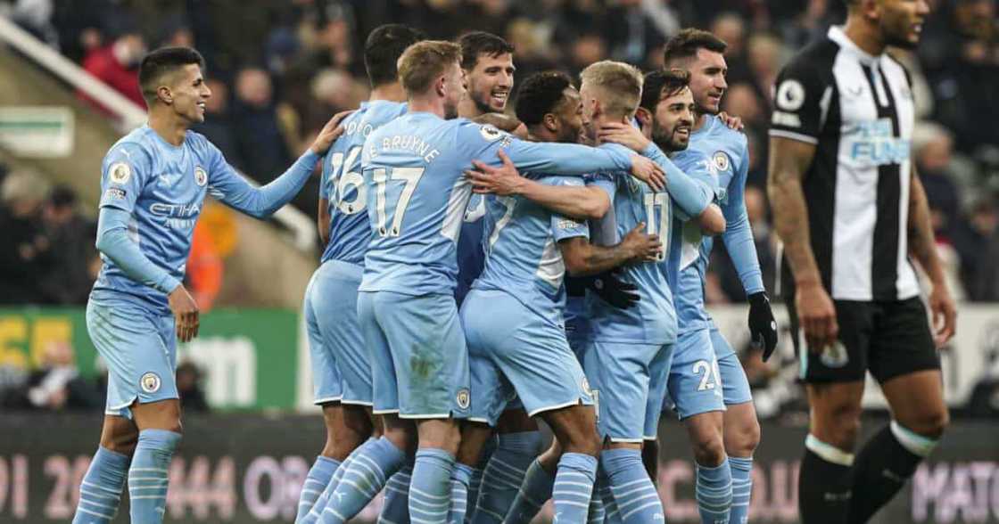 Man City players celebrate after scoring against Newcastle. Photo: Getty Images. Man City players celebrate after scoring against Newcastle. Photo: Getty Images.