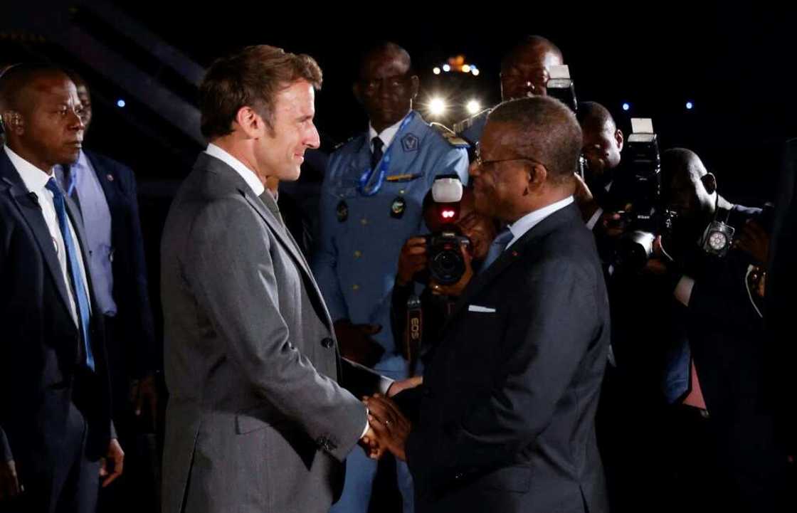 French President Emmanuel Macron is welcomed by Cameroon's Prime Minister Joseph Dion Ngute at the start of his three-nation tour of western Africa French President Emmanuel Macron is welcomed by Cameroon's Prime Minister Joseph Dion Ngute at the start of his three-nation tour of western Africa