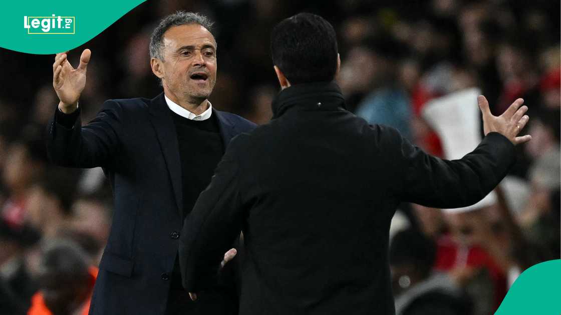 Luis Enrique, Mikel Arteta, Paris Saint-Germain, Arsenal, Emirates Stadium, London, England, UEFA Champions League. Luis Enrique, Mikel Arteta, Paris Saint-Germain, Arsenal, Emirates Stadium, London, England, UEFA Champions League.