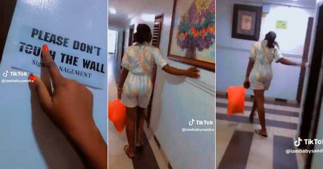 Lady intentionally disobeys hotel's rule not to touch the wall Lady intentionally disobeys hotel's rule not to touch the wall