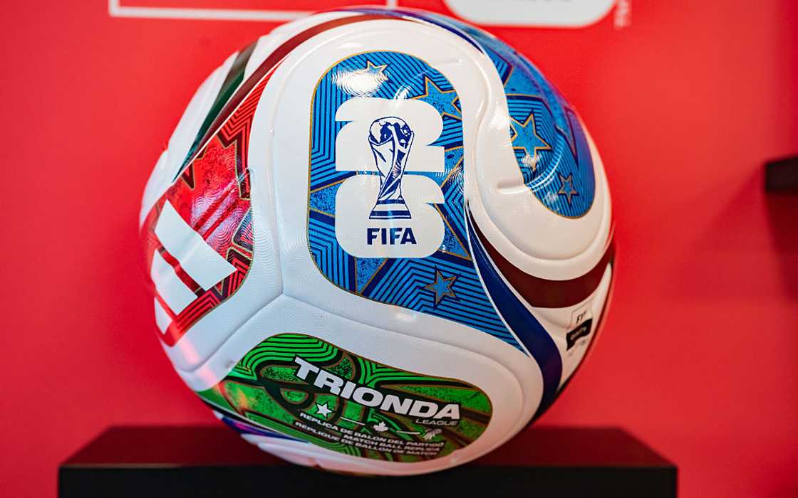 A football displayed at the FIFA World Cup Trophy.