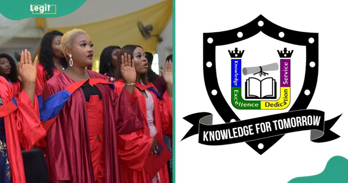 GUU students pictured standing during an oath-taking ceremony (L) and the Gregory University Uturu logo (R).