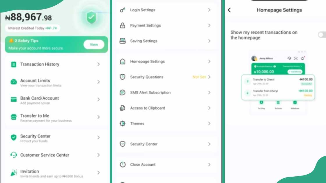 Screenshots of the steps to hide Opay transaction history
