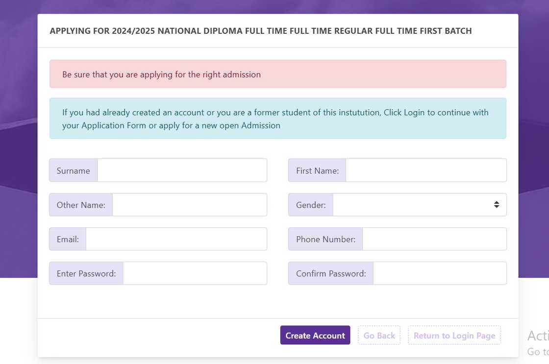 A screenshot of the D.S. Adegbenro Polytechnic application portal