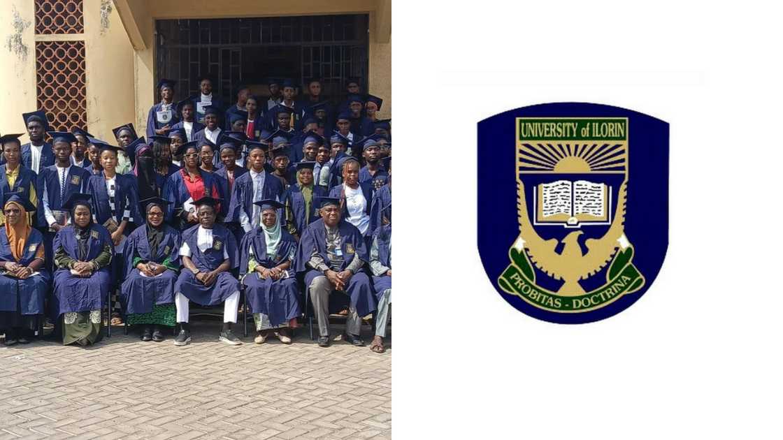 University of Ilorin graduates in navy blue academic dresses and the institution's logo University of Ilorin graduates in navy blue academic dresses and the institution's logo