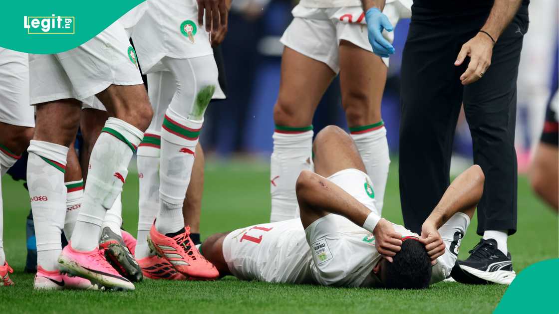 Ismael Saibari of Morocco injured during the World Cup match against Canada. Photo by Rico Brouwer